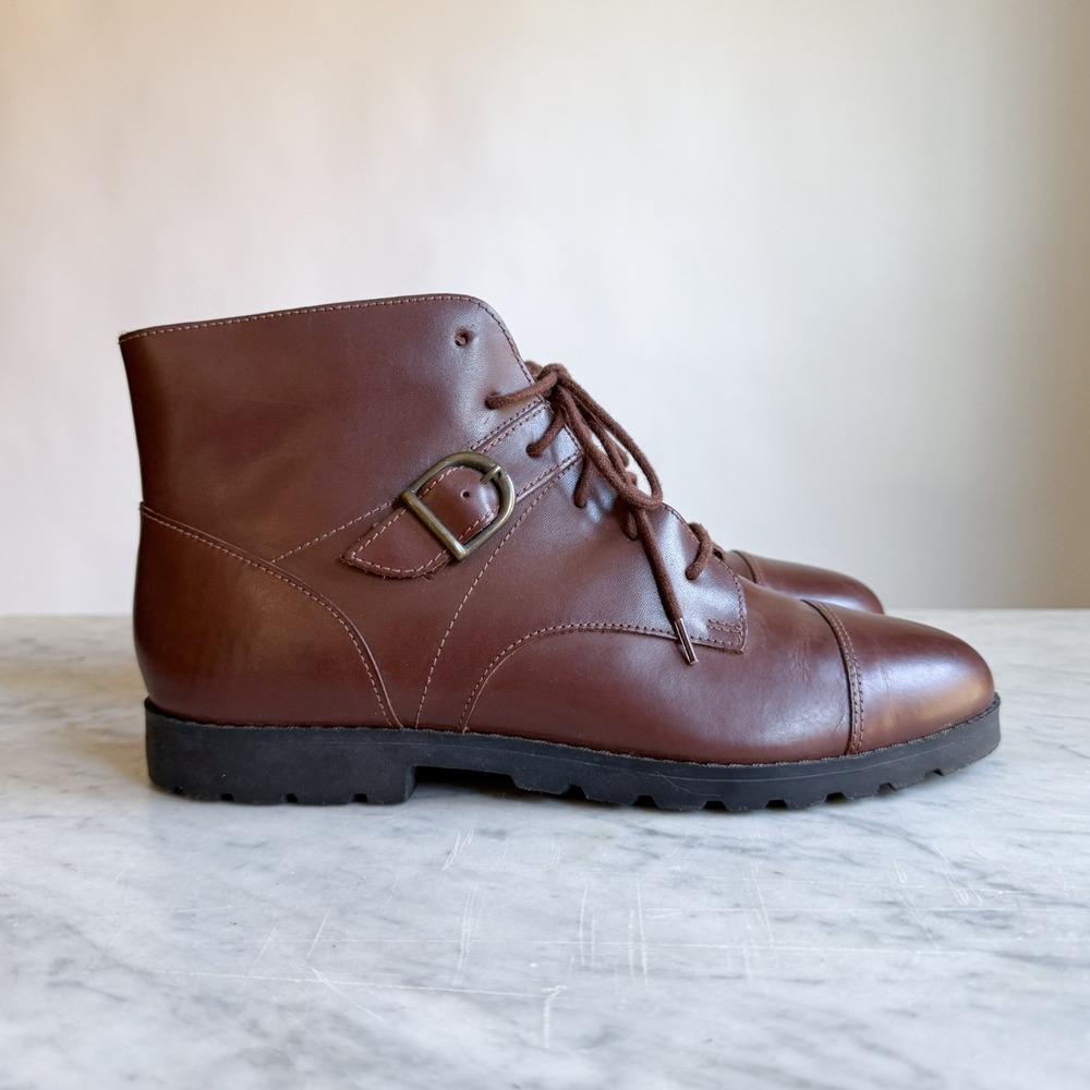 Brown Leather Lace Up Cap Toe Ankle Boots with Buckle Detail Made in Brazil 9